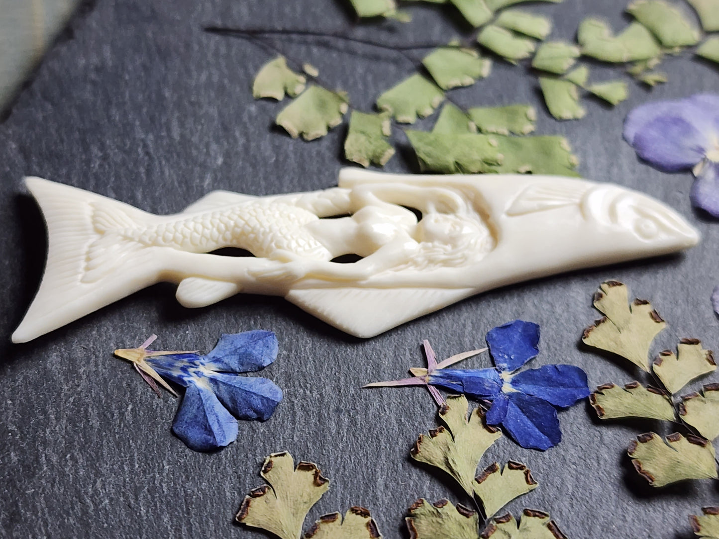 Hand Carved Mermaid Inside Fish Water Buffalo Bone Carving