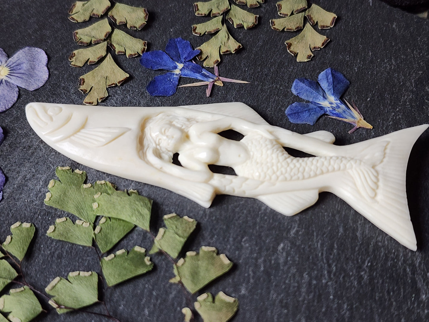 Hand Carved Mermaid Inside Fish Water Buffalo Bone Carving