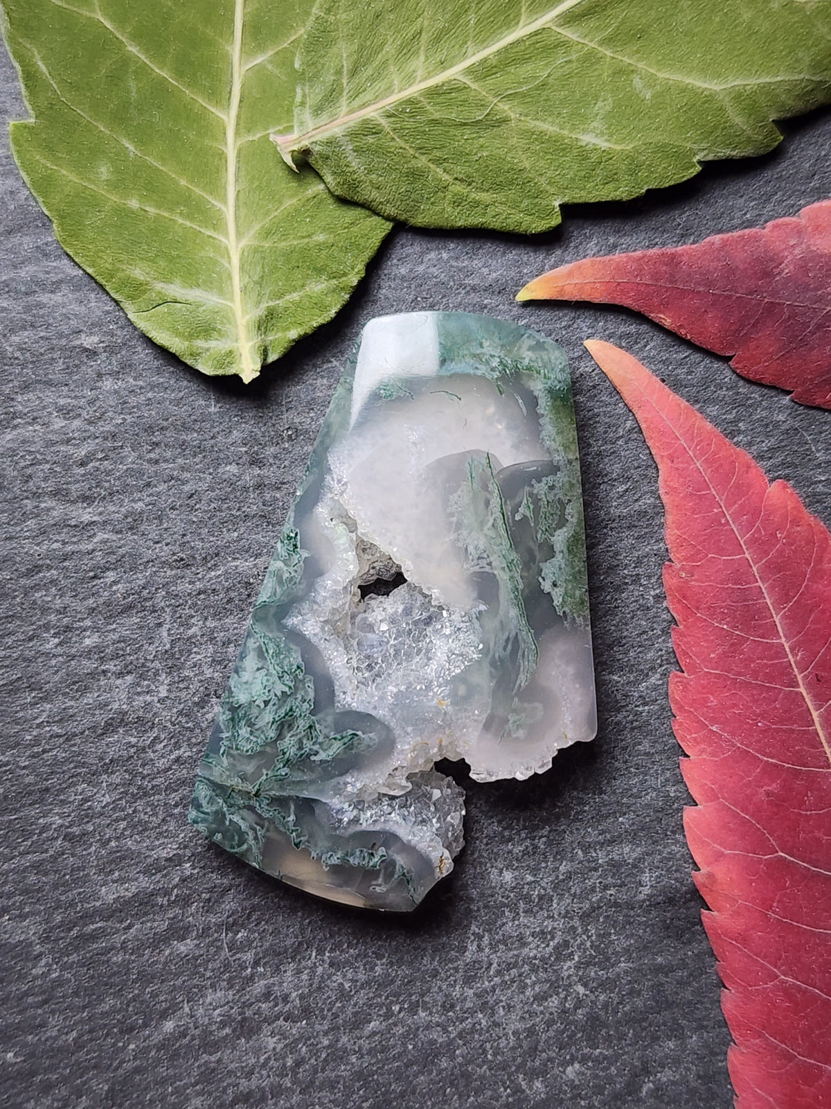 Moss agate with natural crystal edge and pocket