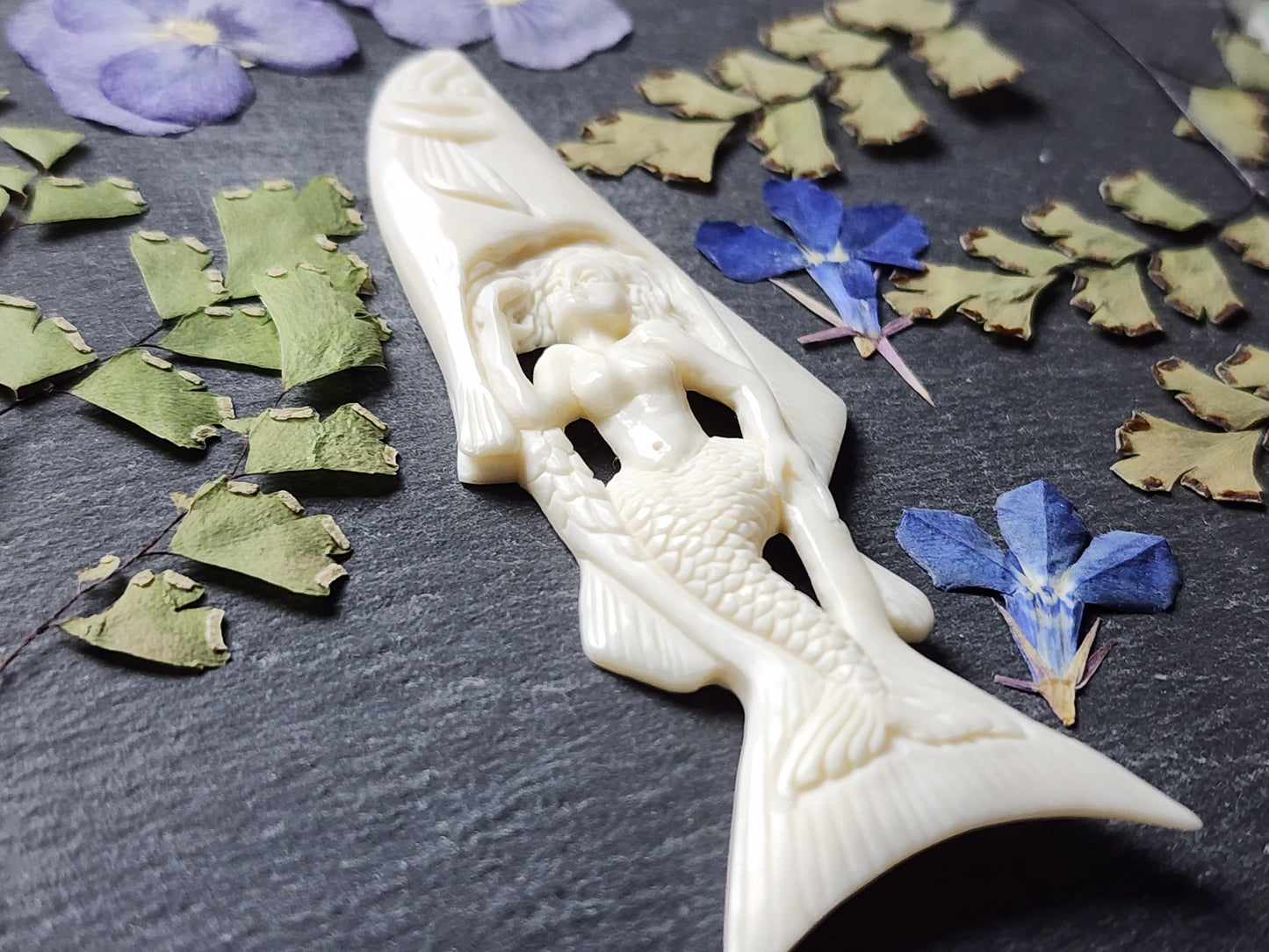 Hand Carved Mermaid Inside Fish Water Buffalo Bone Carving
