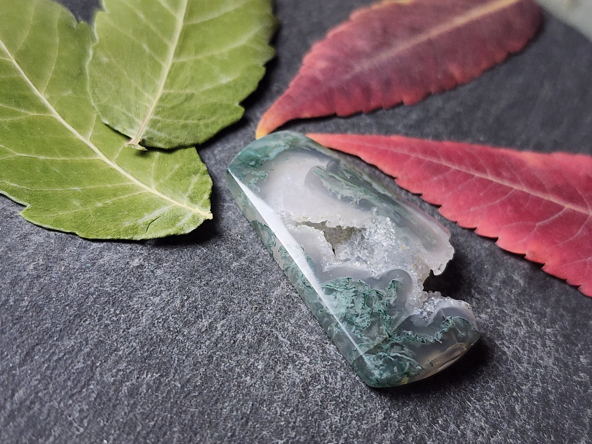 Moss agate with natural crystal edge and pocket