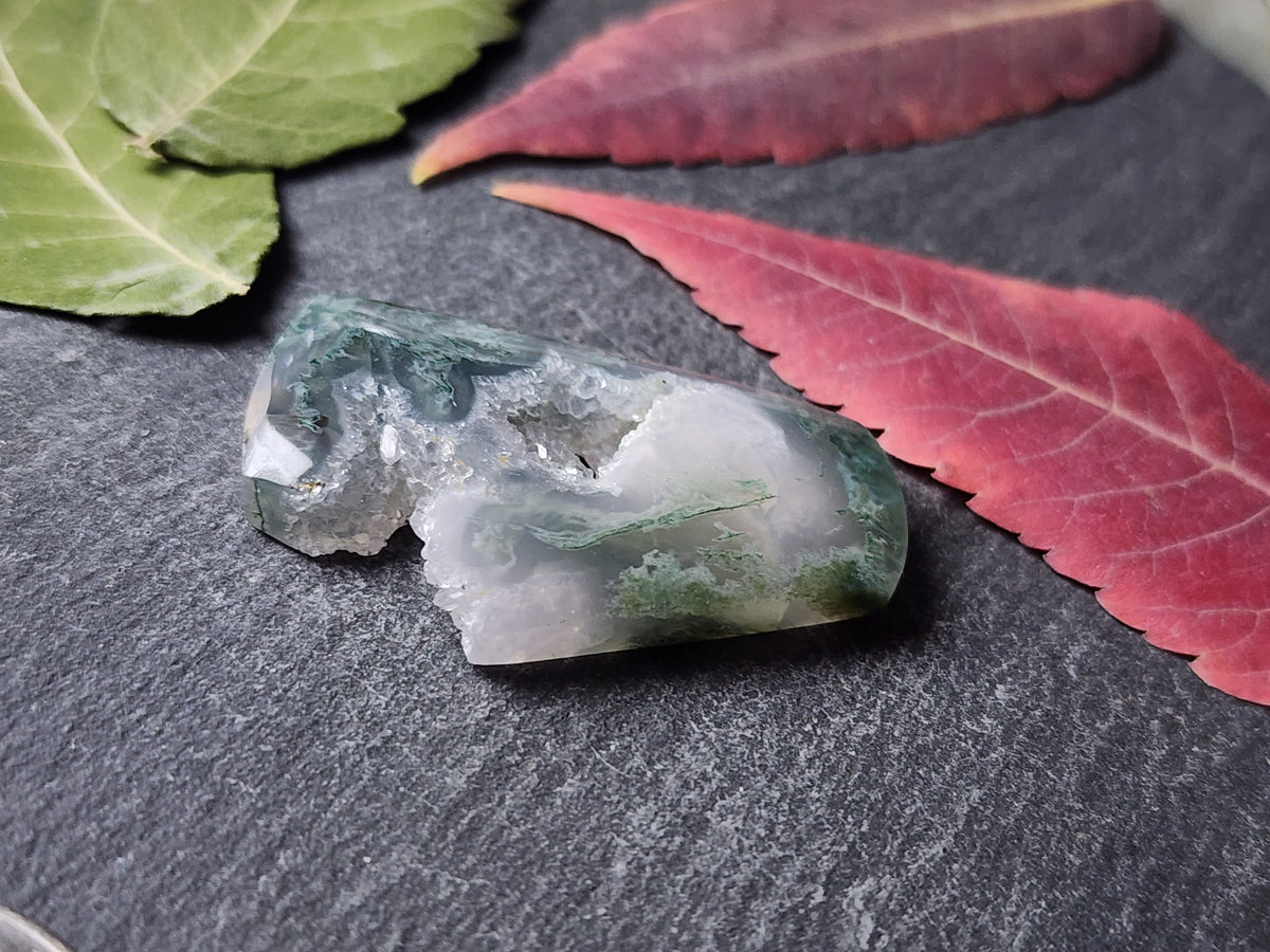 Moss agate with natural crystal edge and pocket