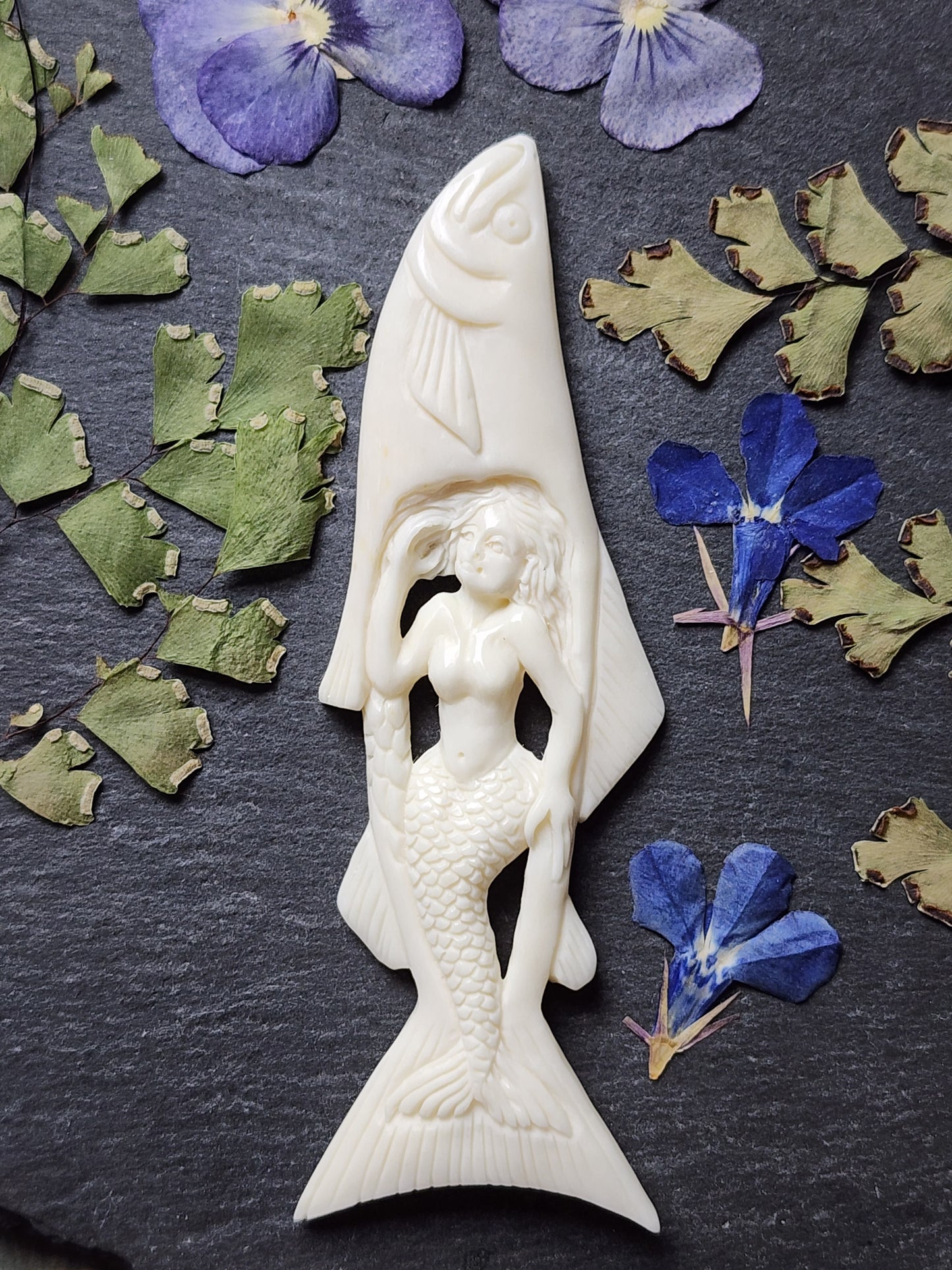 Hand Carved Mermaid Inside Fish Water Buffalo Bone Carving